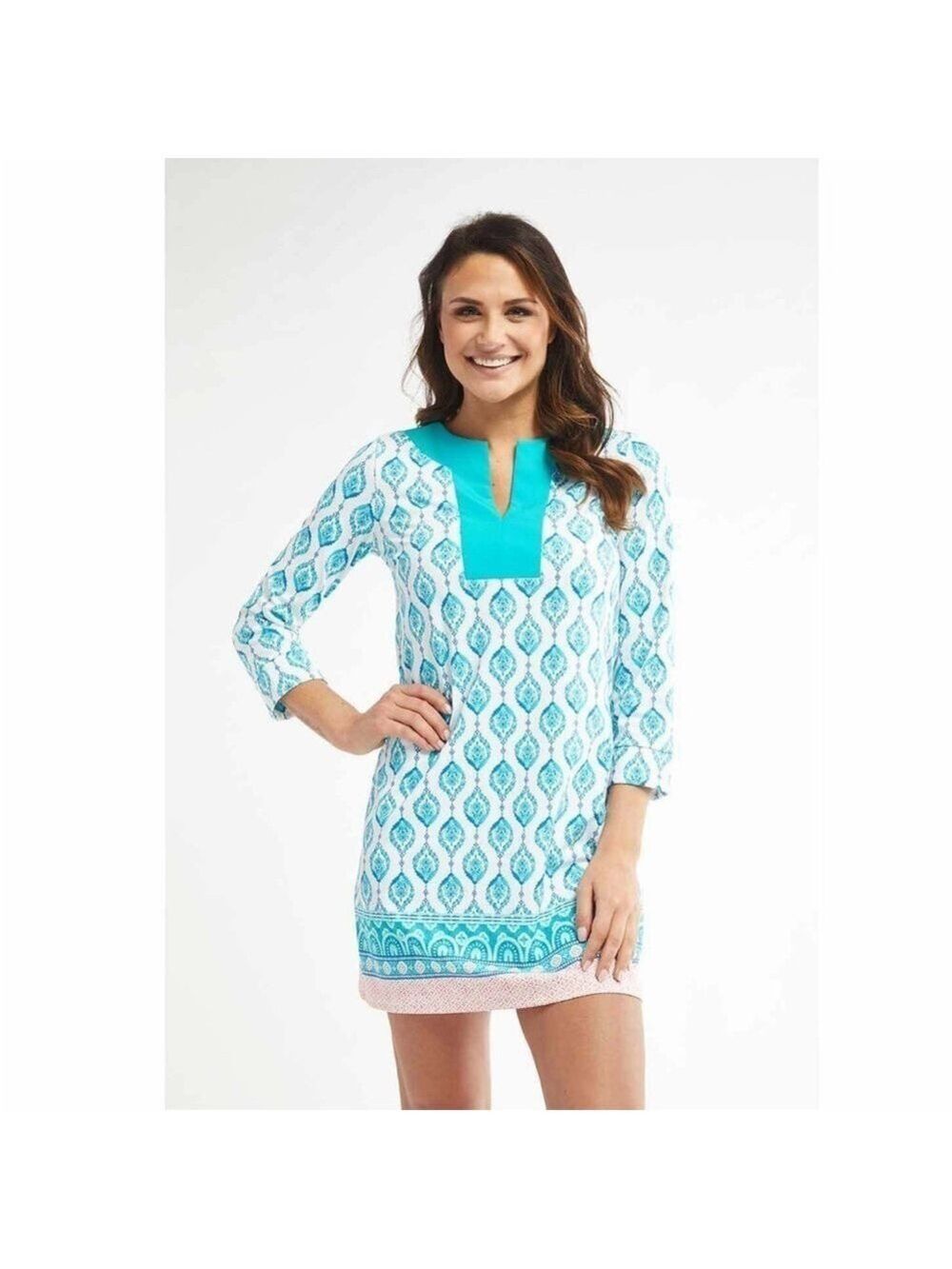Cabana Life Santorini Dress UPF 50 Aqua, White, Coral. Sweatproof Sz Small